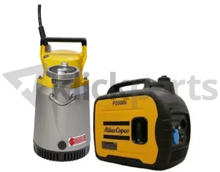 Set Atlas Copco Schmutzwasserpumpe WEDA D10N-1 mit Schlauch und tragbaren Stromerzeuger Atlas Copco P2000i 